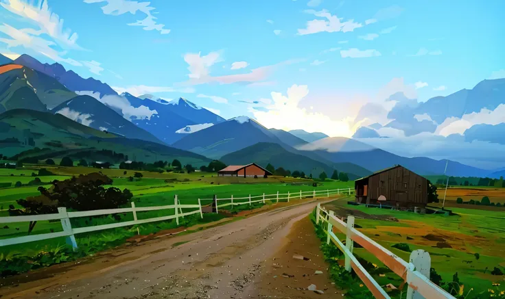 Malaysia dirt road leading to a white fenced-in field with mountains in the background, very beautiful scenery, beautiful scenery, scenery, mountainous setting, reunion island landscape, stunning scenery, lovely valley, beautiful scenic view, very very bea...