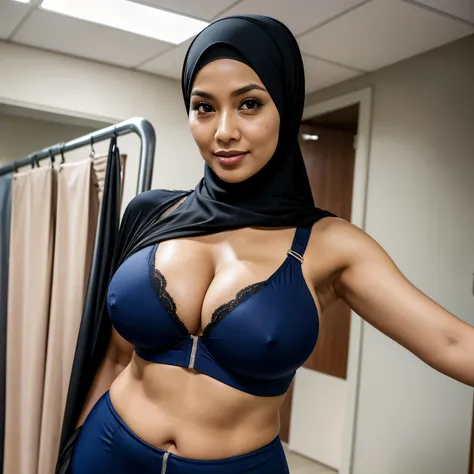 38 years Old, Indonesian Muslim milf, Droopiest gigantic saggiest longest MILF tits, Tight Doctor suit, wearing hijab, Unbuttoned her Suit, Wearing Sexy Tight Sport bra, Her bra cannot cover her breast, breast out, at gym, Gravure Idol, Seductive face, Sed...