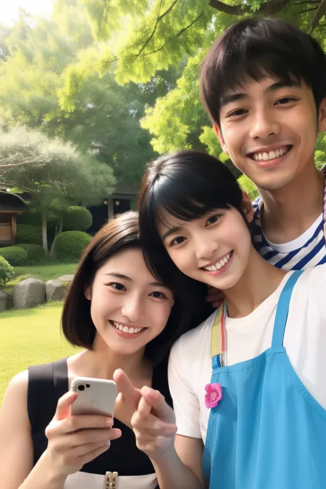 young japanese man and woman are happy, smiling, holding mobile phone