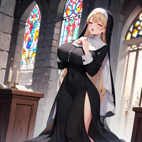 (solo 1 praying cute nun:1.3) standing in church, praying with holding hands together over chest, very thin, (black sheer long dress:1.5), (gigantic breasts:1.3), (bursting perky breasts:1.2), (black sheer long skirt:1.4), inconceivably thin waist, closing...