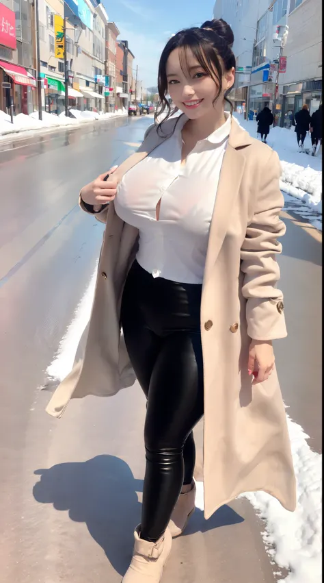 (in 8K、超A high resolution、Best Quality、masuter piece、Photorealsitic、The ultra -The high-definition)、(huge tit、White collared shirt、Always wear black leggings、beige chester coat:1.25)(Always walk through the city when it snows:1.13)A Japanese Lady、Cute smil...