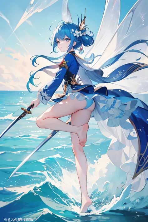 ((Best quality at best)), ((tmasterpiece)), (detailed), s the perfect face，Beautiful face，A fairy，Wearing blue clothes，Hold a sword in hand，Light movements，Surrounded by Chinese dragoneet on the sea，Small feet，Blue sky，Fairy style，Dissection is correct