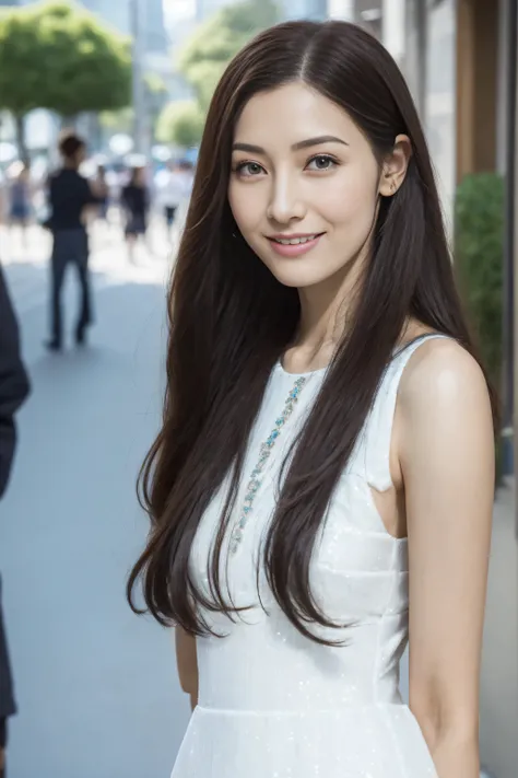 （（Best quality，8K，tmasterpiece：1.3））， 1 girl， ssmile， Full body lesbian， Beautiful woman with slim face， （Long gray hair）， full length dress ：1.1， Very rich facial details， 詳細な目， 二重まぶた， blur backgroun， rosto magro， 城市， external， the street，