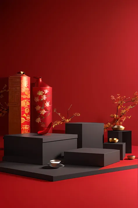 c4d渲染，Minimalist style，clean backdrop, Red and gold, Chinese New Year, 8K, on a red background, 8K, red theme, 3 Rendering，box