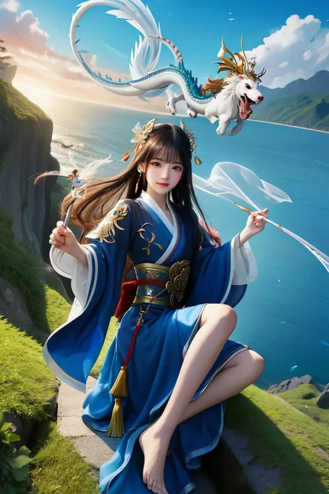 ((Best quality at best)), ((tmasterpiece)), (detailed), s the perfect face，Beautiful face，A fairy，Wearing blue clothes，Hold a sword in hand，有着chinesedragon在身边环绕，Fairy wind road bone，chinesedragon，Feet on the sea，Light movements，Small feet，Blue sky，Fairy st...