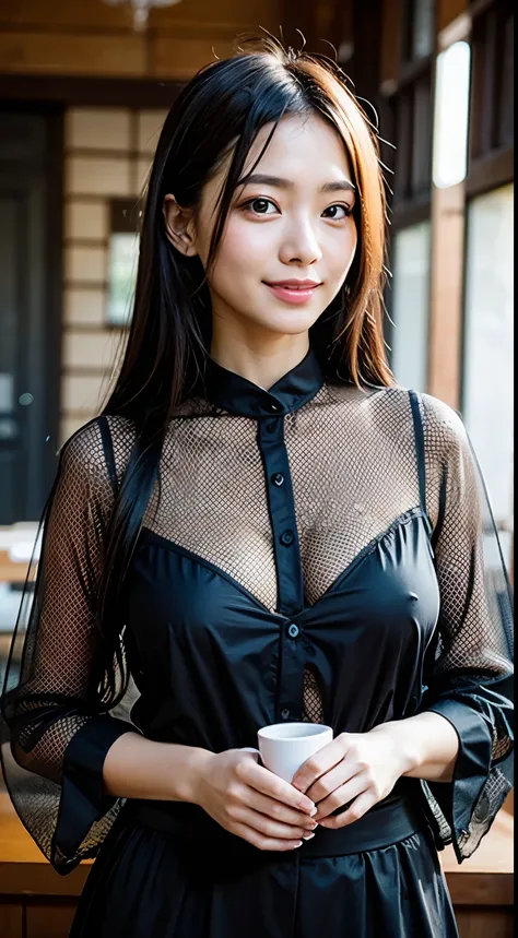 detailed, 8K, photorealistic, ideal ratio body proportions, ((Japanese girl)), {{{round faith}}}, {middle  breasts}, {{{{{shirt burst at seams}}}}}, {black eyes}, (big beady eyes), {{see-through lace blouse}}, {{{black lace shirt}}}}, {{{sharp focus}}}, {v...