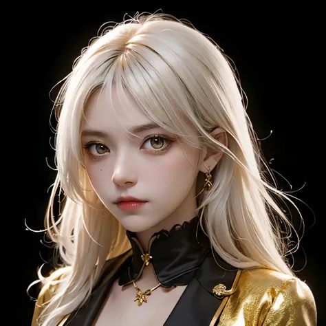 MKSKS style, 1girl in, Cute, Surrounded by yellow lighting, Gold eyes, White hair, Black background, gros-plan, No smile, masutepiece, ultra-detailliert