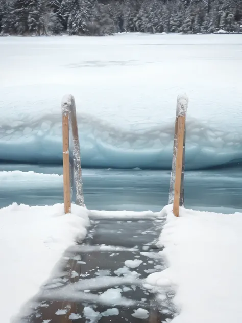 Frozen icy grass path in snow