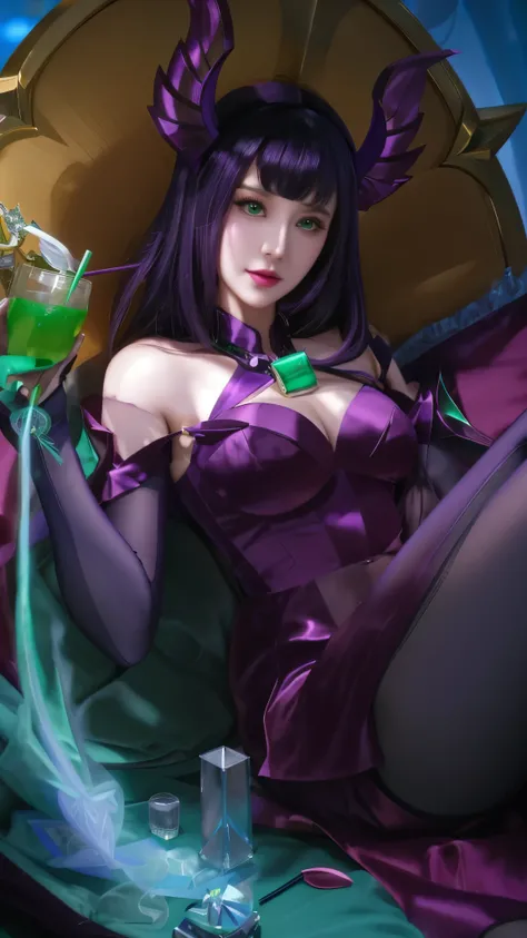 a close up of a woman in a purple dress holding a green drink, extremely detailed artgerm, artgerm lau, leblanc, style artgerm, artgerm detailed, morgana, irelia, ! dream artgerm, steven artgerm lau, morgana from league of legends, stanley artgerm lau