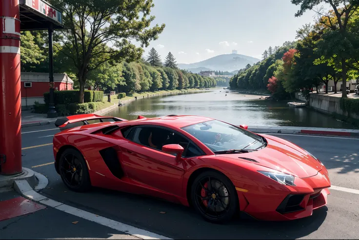 Superphoto，Red body，Sense of speed，super car，super car，professional photograpy，scientific fiction，Science fiction scene，natural soft light，，Neon Light Sign，ighly detailed，（ighly detailedな背景），multiple buildings in the background，Detailed textures，wide angle...