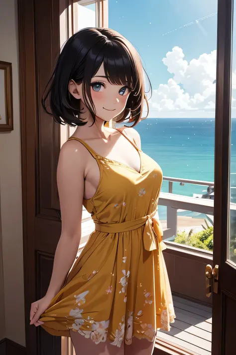 very cute and beautiful girl standing near the window,Floral yellow summer dress with detailed ruffles,Sleeveless,(Skirt lift,White panties), (very detailed beautiful face and eyes:1.2),Antique hotel bedroom with outside view,Distant trees々and the sea, Cow...