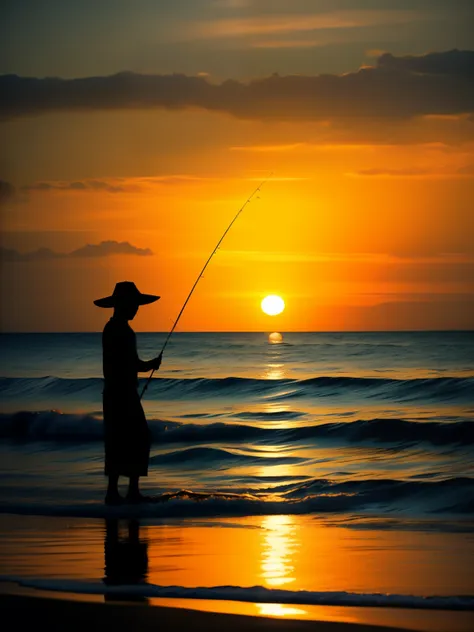 （（（art of photography，beautiful profile，siluette艺术）））。the setting sun，people fishing on the reef。siluette