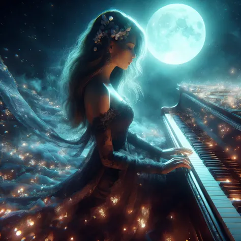 An arafe woman wearing a dress playing the piano in front of the full moon, Beautiful digital artwork, beautiful fantasy art, very beautiful fantasy art, beautiful gorgeous digital art, Beautiful digital art, the moonlit dance of the fae, magical compositi...