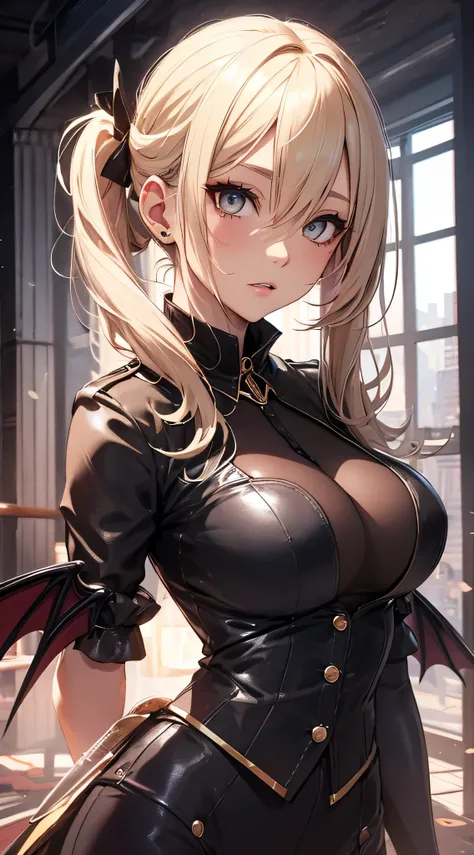 top-quality、Top image quality、​masterpiece、teens girl((18year old、 Ager、Best Bust、Medium bust,wide open breast tea、Golden Eyes, a blond、poneyTail、A slender,Highest valley、black suit rack、vampire makeup、Black wings)),hiquality、Beautiful Art、Background with(...