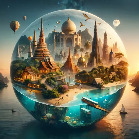 fantastical, spherical world that combines iconic architectural wonders from various cultures, all set within a single, biodiverse landscape. The scene includes serene beaches, underwater ecosystems visible through a cutaway ocean section, and hot air ball...