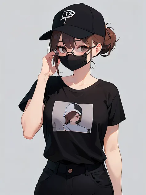 under-rim glasses, black baseball cap, mouth mask, ​masterpiece、top-quality、 hair over one eye, hair bun, A 25-year-old brown-eyed woman with medium hair and bright chestnut bangs.、wearing black tshirt、Wearing black pants、is standing、The background is offi...