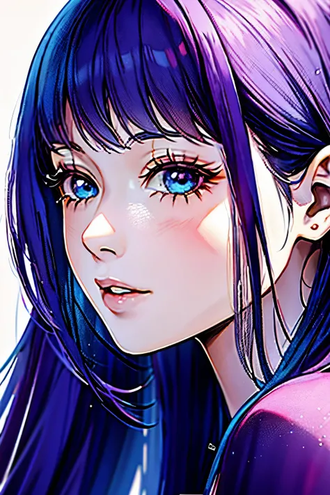 Anime girl with long purple hair and blue eyes staring at something, kawaii realistic portrait, Beautiful Anime Portrait, anime style portrait, Portrait Anime Girl, soft anime illustration, Smooth Anime CG Art, cute portrait of anime girl, realistic anime ...