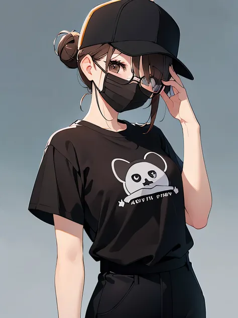 under-rim glasses, black baseball cap, mouth mask, ​masterpiece、top-quality、 hair over one eye, hair bun, A 25-year-old brown-eyed woman with medium hair and bright chestnut bangs.、wearing black tshirt、Wearing black pants、is standing、The background is offi...