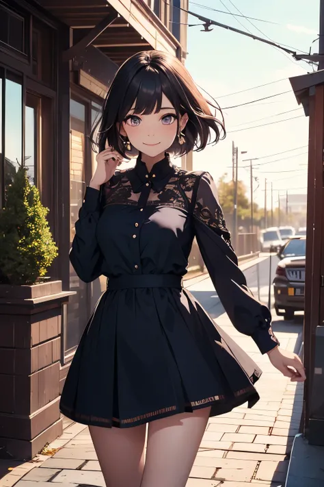 very cute and beautiful girl,(highly detailed beautiful face and eyes:1.2),(smile),cowboy shot,
navy blue frilled dress,walking,dynamic pose,(detailed legs,mini skirt:0.9),
dynamic angle,black hair,(rose garden),navy harbor,warships in distance,
(best qual...