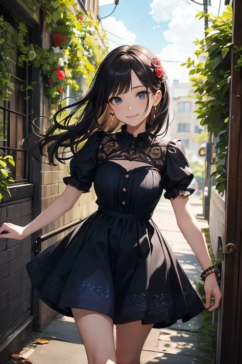 very cute and beautiful girl,(highly detailed beautiful face and eyes:1.2),(smile),cowboy shot,
navy blue frilled dress,walking,dynamic pose,(detailed legs,mini skirt:0.9),
dynamic angle,black hair,(rose garden),navy harbor,warships in distance,
(best qual...