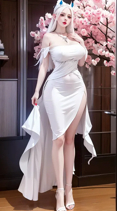 A woman, white hair, long hair, luminous blue eyes, pink lips, red cheeks, elf ears, white crown, (27yo), Milf, necklace, big breasts, slim stomach, wide thighs, wide hips, wide waist, wearing a colored dress white, long dress, glass slippers, glass slippe...