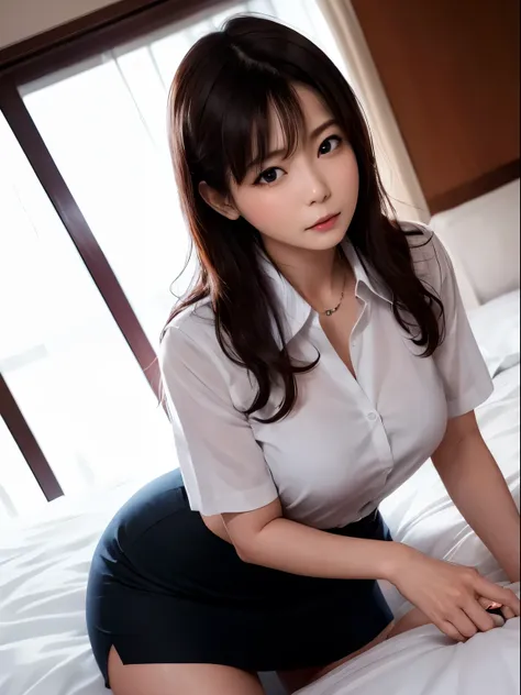 korean female teacher，being in a hotel，(get down on the bed:1.2)，(being touched by men:1.5)，(being stroked in the crotch of a ma...