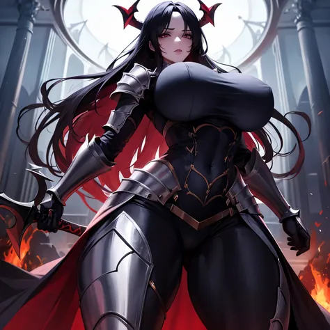 Beautiful female demon, powerful, strong, busty, wearing full armor, plate armor, black armor, demonic, dommy mommy, hourglass figure, strong, wielding a big sword