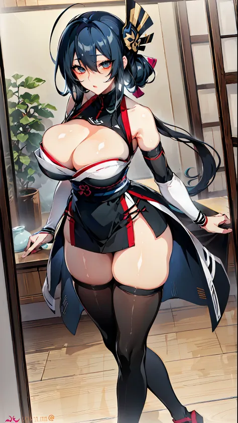 ((Game settings screen))、((SSR rank character))、　anime girl with a very large breast and a very long black hair, nime girl, by Shitao, Best Anime 4K、((edo period))、sparklers、((shinobi))、(shinobi者)、(knifes)、thigh-high socks、