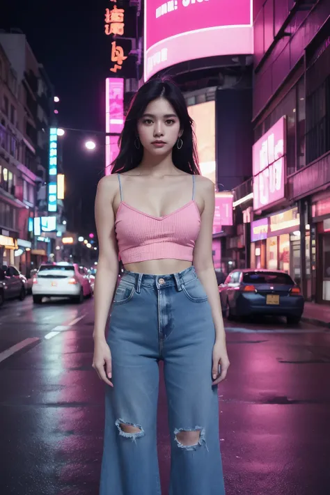 portraite of a woman, (camisole, denim pant), Just look at the audience, Chopping, Night Street, buliding, neon lights in background, (Pink and blue theme:1.2)