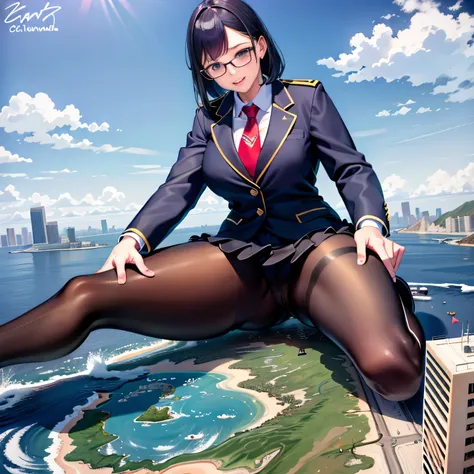 Beowulf, Multiple girls, der riese art, a hyperrealistic schoolgirl, 非常に詳細なder rieseショット, der riese, Shorthair, a huge high school girl、&#39;It&#39;s much bigger than a skyscraper, Wearing rimless glasses, Colossal tits, Big ass, Navy blue blazer, Red tie,...