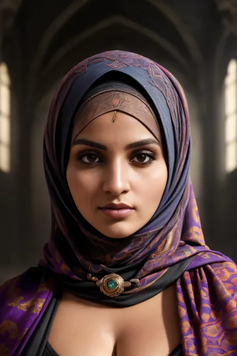 cleavage,resolution,Intricate portrait of a beautiful hijabi,triadic colors,8k,illuminated,with a backdrop of eerie dungeion . stunning interpretive visual,maximalist scarf and veil. f1.0lens,tilt-shift,shalllow DOF. dramatic lighting. chiaroscuro,