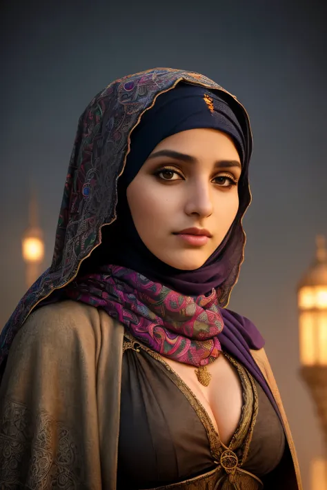 youthful, cleavage,resolution,Intricate portrait of a beautiful hijabi,triadic colors,8k,illuminated,with a backdrop of eerie dungeion . stunning interpretive visual,maximalist scarf and veil. f1.0lens,tilt-shift,shalllow DOF. dramatic lighting. chiaroscur...