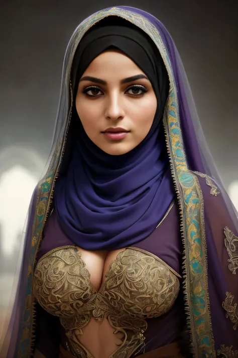 youthful, cleavage,resolution,Intricate portrait of a beautiful hijabi,triadic colors,8k,illuminated,with a backdrop of eerie dungeion . stunning interpretive visual,maximalist scarf and veil. f1.0lens,tilt-shift,shalllow DOF. dramatic lighting. chiaroscur...