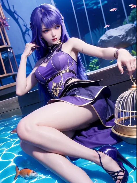 25-year-old Korean girl，1 Sister，girl on top， dive， I have a perfect face， eBlue eyes， income，  dive，Under water深处，Under water，breaking，ton de asur，(((Fish cage as a whole, Purple colored hair,delicate high heels，smooth thigh，Exquisite facial features and ...