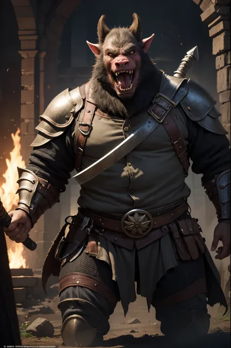 8K,orc in brown armor(Like the real thing)Holding a big sword,pig knight,Lumps of fat,thick and big body,Rugged look,sharp eye,Open your mouth wide to the maximum,I see big fangs,超A high resolution,A hyper-realistic,Fantasyart,character art,In a dark dunge...