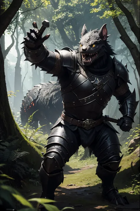 8K,Kobold in black armor(like the real thing),Has a sword and a round shield,dog monster,sharp eyes,wide open mouth,I see big fangs,muscular and toned body,超A high resolution,A hyper-realistic,fantasy art,character art,in the forest,outside the ruins,