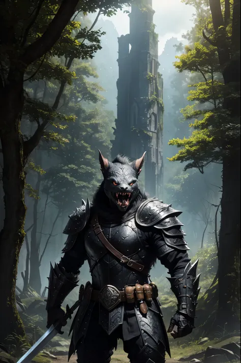 8K,Kobold in black armor(like the real thing),Has a sword and a round shield,dog monster,sharp eyes,wide open mouth,I see big fangs,muscular and toned body,超A high resolution,A hyper-realistic,fantasy art,character art,in the forest,outside the ruins,