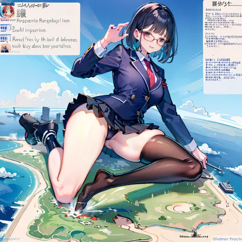 beowulf, multiple girls, Giant art, surreal high school girl, 非常に詳細なgiantショット, giant, short-hair, a huge high school girl、&#39;It&#39;s much bigger than a skyscraper, wears rimless glasses, Colossal tits, Big ass, navy blue blazer, red tie, mini length ski...