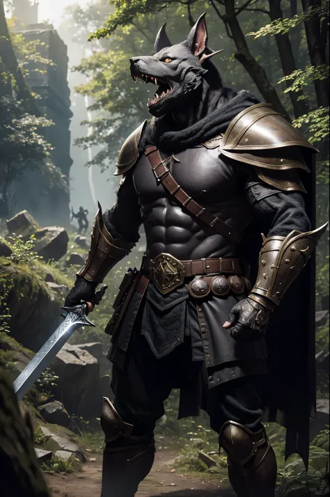 8K,Kobold in black armor(like the real thing),Has a sword and a round shield,dog monster,sharp eyes,wide open mouth,I see big fangs,muscular and toned body,超A high resolution,A hyper-realistic,fantasy art,character art,in the forest,outside the ruins,comba...