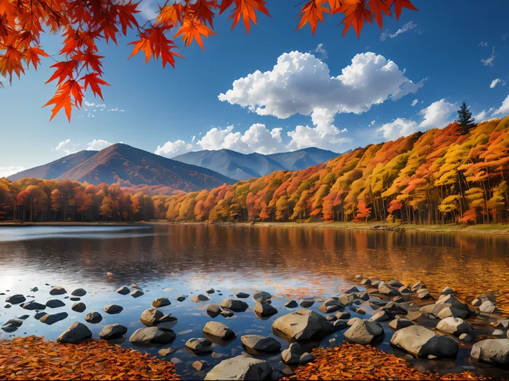 ((top quality, 8K, masterpiece, photorealism, Raw photo, best quality)), pile of rocks in the middle of the leaves, orange rock, Karuizawa, autumn forest, autumn leaves in the foreground, Japanese maple, autumn calm, dramatic autumn landscape, autumn folia...