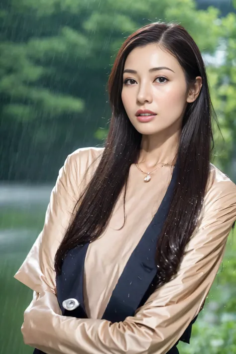 (Best quality at best, 4k, tmasterpiece :1.Beutiful women, 1 girl, (, attractive body :1.2), Abs :1.1, dark brown hair: 1.1, (rainy wet, 被rainy wet透的, soaked pubic hair :1.2),scantily clad，The face is very detailed, delicate lips, 詳細な目, double eyelids