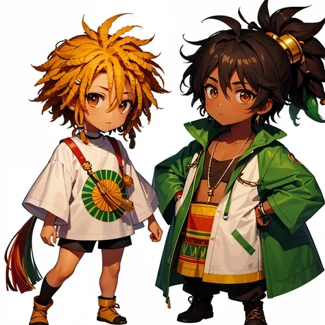 A couple of Chibi characters wearing rasta outfit, white background, male character with short hair and brown skin.