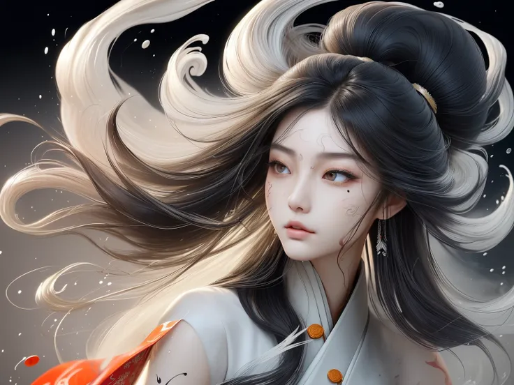 ancient wind，sideface，floated hair，Long hair that spreads out，美丽的sideface，exquisite facial features，Splash ink art，Rich layering