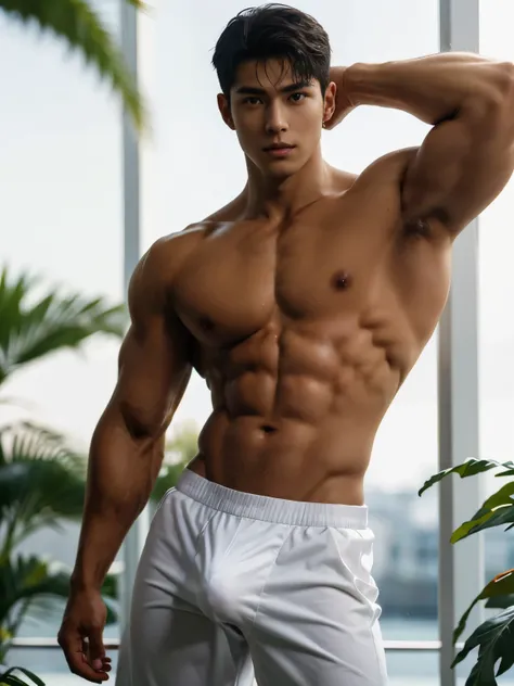 1boy, vietnamese male, a handsome muscular boy, 18 years old male model, athletic physique, wearing nothing, completely naked , Realistic, fully naked, nude, perfect , male , correct male scrotum, perfect scrotum, male structure, correct male genitelia, hu...