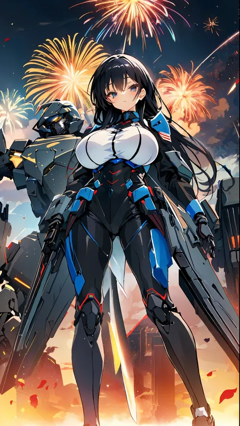 ((mechanical combat uniform))、((ssr rank character))、　anime girl with very big breasts and very long black hair, nime girl, by s...