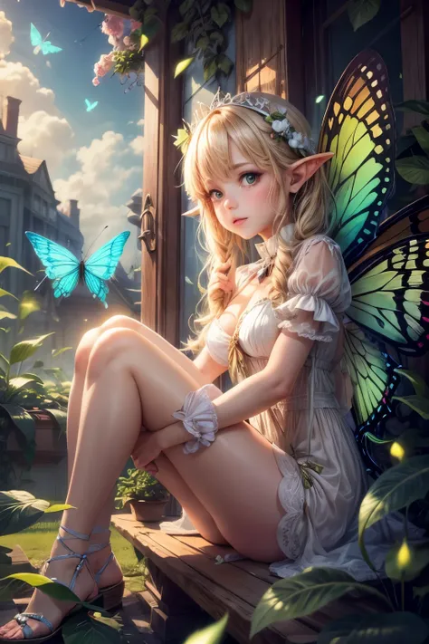 fairy that looks like a grasshopper holding a parasol green under clothes catching butterflies