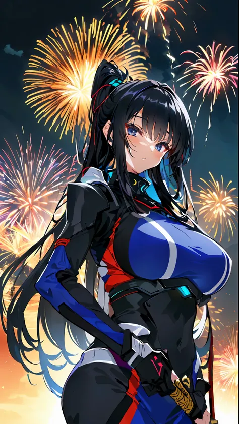 (highres:1.2,ultra-detailed,photorealistic:1.37),(mecha suit),(SSR ranked character),(anime girl with very large bust and extremely long black hair),(by Shitao),(best anime 4K),(Edo),(fireworks),(ninja),(ninja),(sword),(swinging a sword)