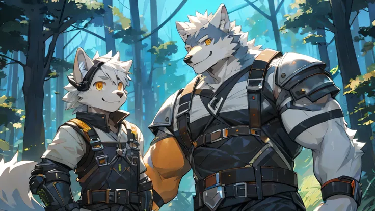 cyber punk perssonage,epcot,Tech style，solo person,White body,White ears，White hair,Overall white,Orange-yellow eyes,Wolf tail,Wolf orcs,Young,Wear a short-sleeved shirt,Ultra-clear screen,Soft lines,wolf,forest,gray fur,mercenary,Leather armor,smile,tall,...