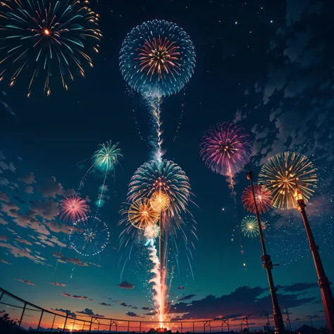 galaxy colorgalaxy spacious nebula dark _night_sky (Splendid fireworks bloom in the dark night sky background) sunrise ultra Masterpiece fireworks Colorful_fireworks Envision cityscape bridges adorned patriotic lights fractal fireworks bursting overhead cr...