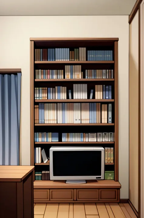 background room with bookshelf, bed and tv